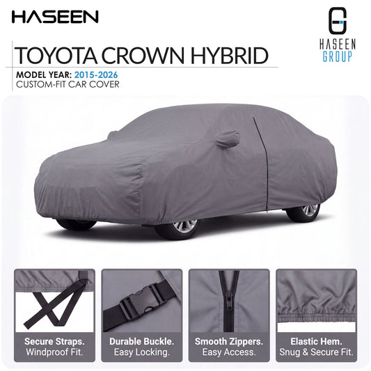 A gray custom-fit car cover shown on a white background, with the text 'TOYOTA CROWN HYBRID' and 'HASEEN' visible. Four small detail panels at the bottom highlight features such as secure straps, durable buckle, smooth zippers, and elastic hem.