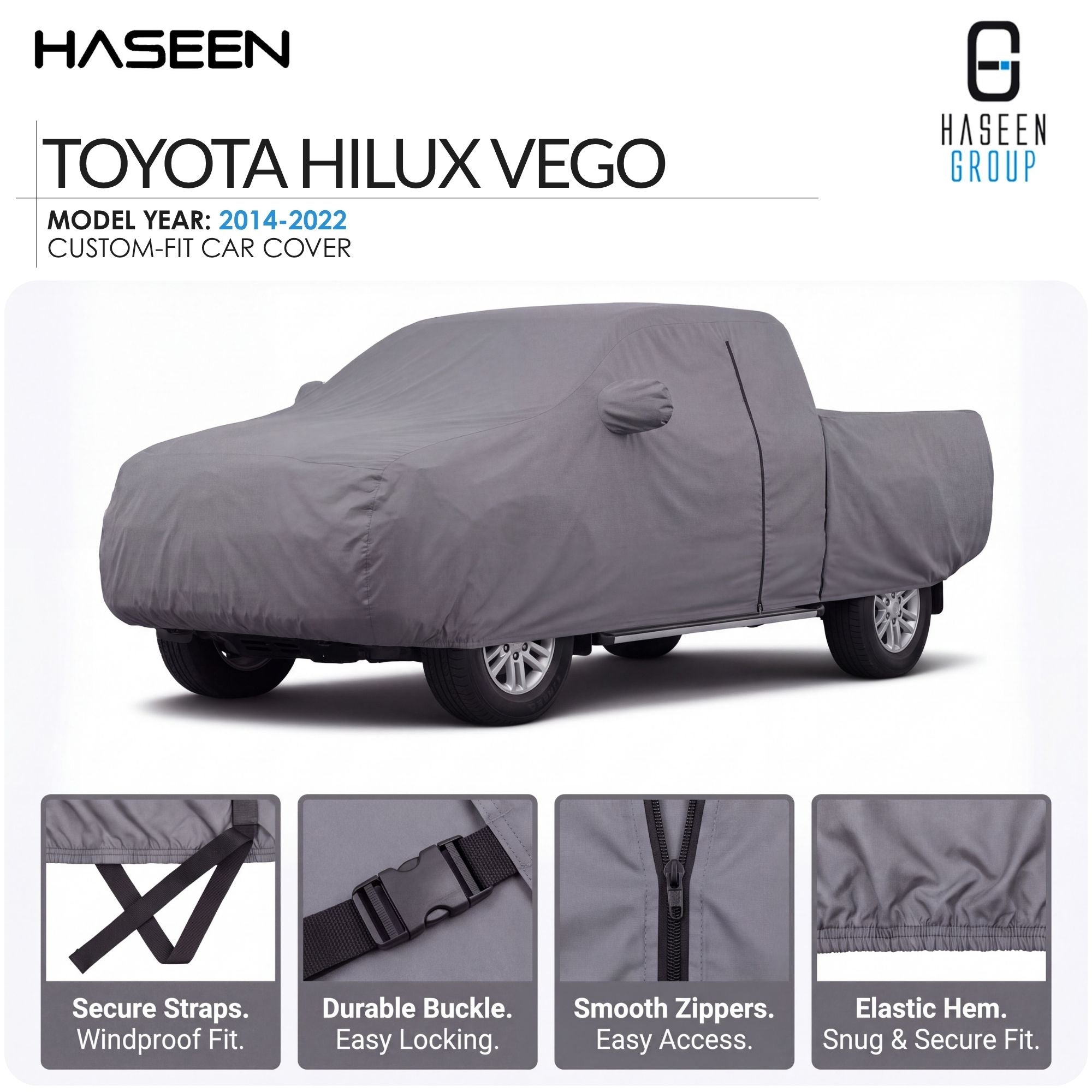 A gray car cover fitted over a Toyota Hilux Vego pickup truck, shown on a white background with Haseen branding and feature callouts for straps, buckle, zippers, and hem.