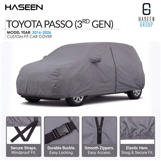A gray car cover fitted over a Toyota Passo (3rd Gen) car, shown on a white background with HASEEN branding and feature callout panels at the bottom.