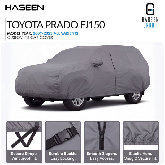 A gray custom-fit car cover shown on a Toyota Prado FJ150, with Haseen branding and feature callout panels along the bottom detailing secure straps, a durable buckle, smooth zippers, and an elastic hem.