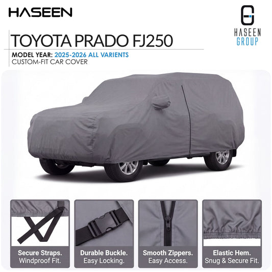 A gray custom-fit car cover shown on a white background, with the text 'TOYOTA PRADO FJ250' and 'HASEEN GROUP' visible. Four small feature callout panels at the bottom highlight secure straps, durable buckle, smooth zippers, and elastic hem.