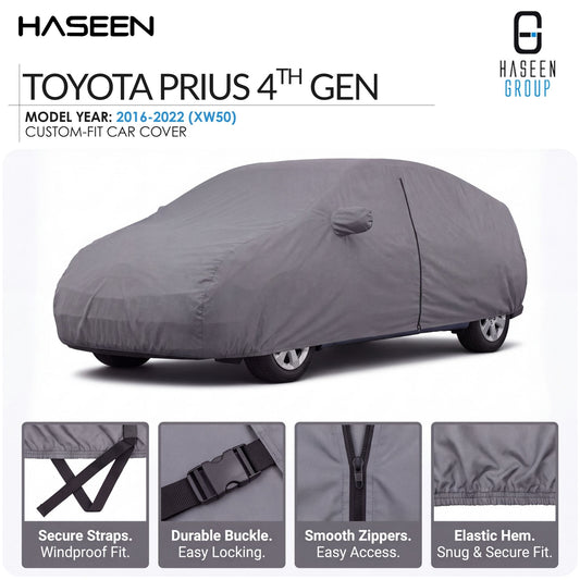 A gray custom-fit car cover shown on a white background, with HASEEN branding and text identifying it as a Toyota Prius 4th Gen model year 2016-2022 cover. Four inset detail panels at the bottom show secure straps, a durable buckle, smooth zippers, and an elastic hem.