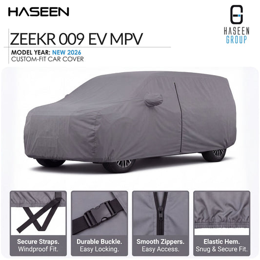 A gray car cover fitted over a vehicle, shown on a white background with HASEEN branding and feature callouts for the ZEEKR 009 EV MPV model year 2026.