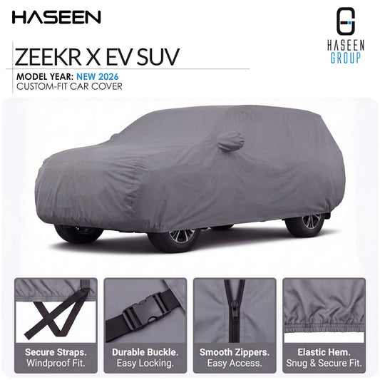A gray custom-fit car cover shown on a white background, with the text 'ZEEKR X EV SUV' and 'HASEEN GROUP' in the top corners. Four detail panels at the bottom highlight features like secure straps, a durable buckle, smooth zippers, and an elastic hem.