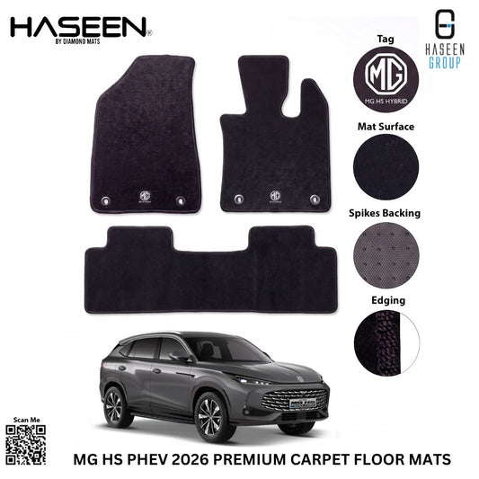 Haseen MG HS PHEV 3-piece carpet floor mat set with logo tag, spikes backing and overlocked edges for MG HS SUV