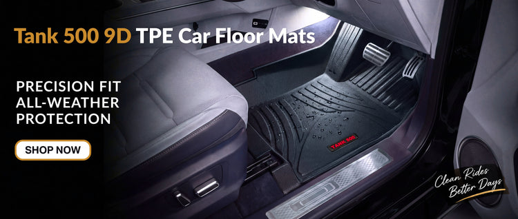 Black rubber car floor mats shown installed inside a vehicle door, with promotional text reading 'Tank 500 9D TPE Car Floor Mats' and a 'SHOP NOW' button.Haseen 9D TPE Car Floor Mats – Custom Fit Heavy Duty Waterproof Car Floor Mats for Cars in Pakistan