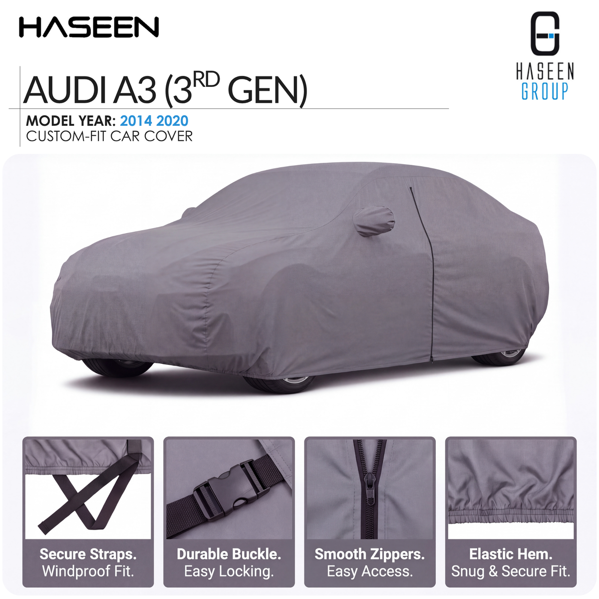 A gray car cover fitted over an Audi A3 (3rd Gen) car, shown on a white background with feature callout panels along the bottom. The Haseen brand logo is visible at the top.