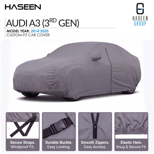 A gray car cover fitted over an Audi A3 (3rd Gen) car, shown on a white background with feature callout panels along the bottom. The Haseen brand logo is visible at the top.