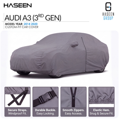 A gray car cover fitted over an Audi A3 (3rd Gen) car, shown on a white background with feature callout panels along the bottom. The Haseen brand logo is visible at the top.