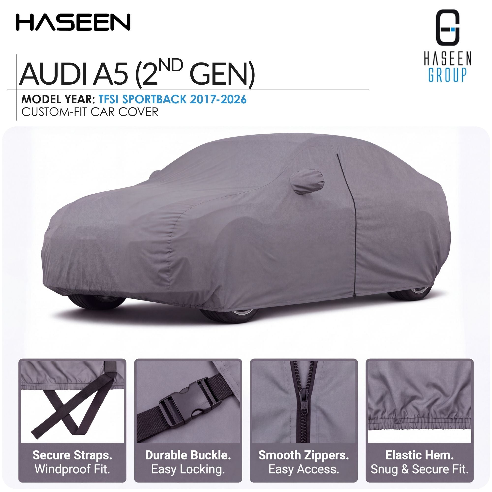 A gray custom-fit car cover fitted over an Audi A5 (2nd Gen) car, shown on a white background with feature callouts and close-up detail panels at the bottom. The Haseen brand logo is visible at the top.
