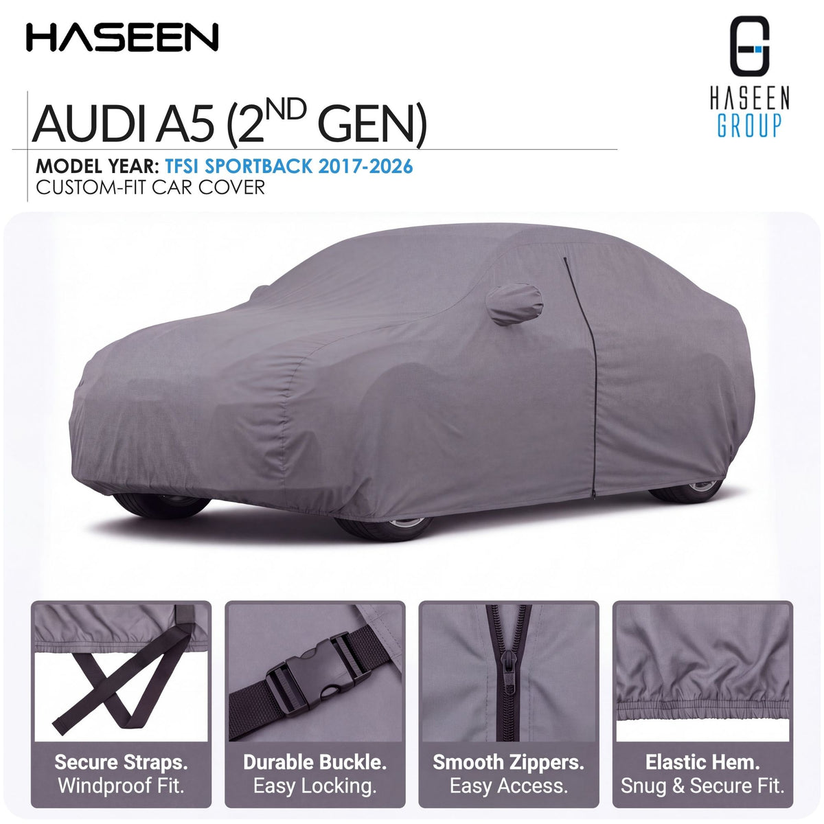 A gray custom-fit car cover fitted over an Audi A5 (2nd Gen) car, shown on a white background with feature callouts and close-up detail panels at the bottom. The Haseen brand logo is visible at the top.