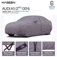 A gray custom-fit car cover fitted over an Audi A5 (2nd Gen) car, shown on a white background with feature callouts and close-up detail panels at the bottom. The Haseen brand logo is visible at the top.