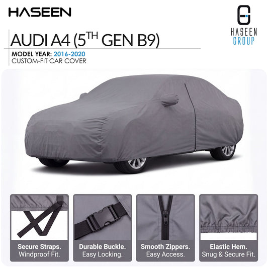 A gray custom-fit car cover shown on a car, with HASEEN branding and text for an Audi A4 5th Gen B9 model year 2016-2020. Four small detail panels at the bottom show secure straps, durable buckle, smooth zippers, and elastic hem.