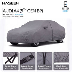 A gray custom-fit car cover shown on a car, with HASEEN branding and text for an Audi A4 5th Gen B9 model year 2016-2020. Four small detail panels at the bottom show secure straps, durable buckle, smooth zippers, and elastic hem.