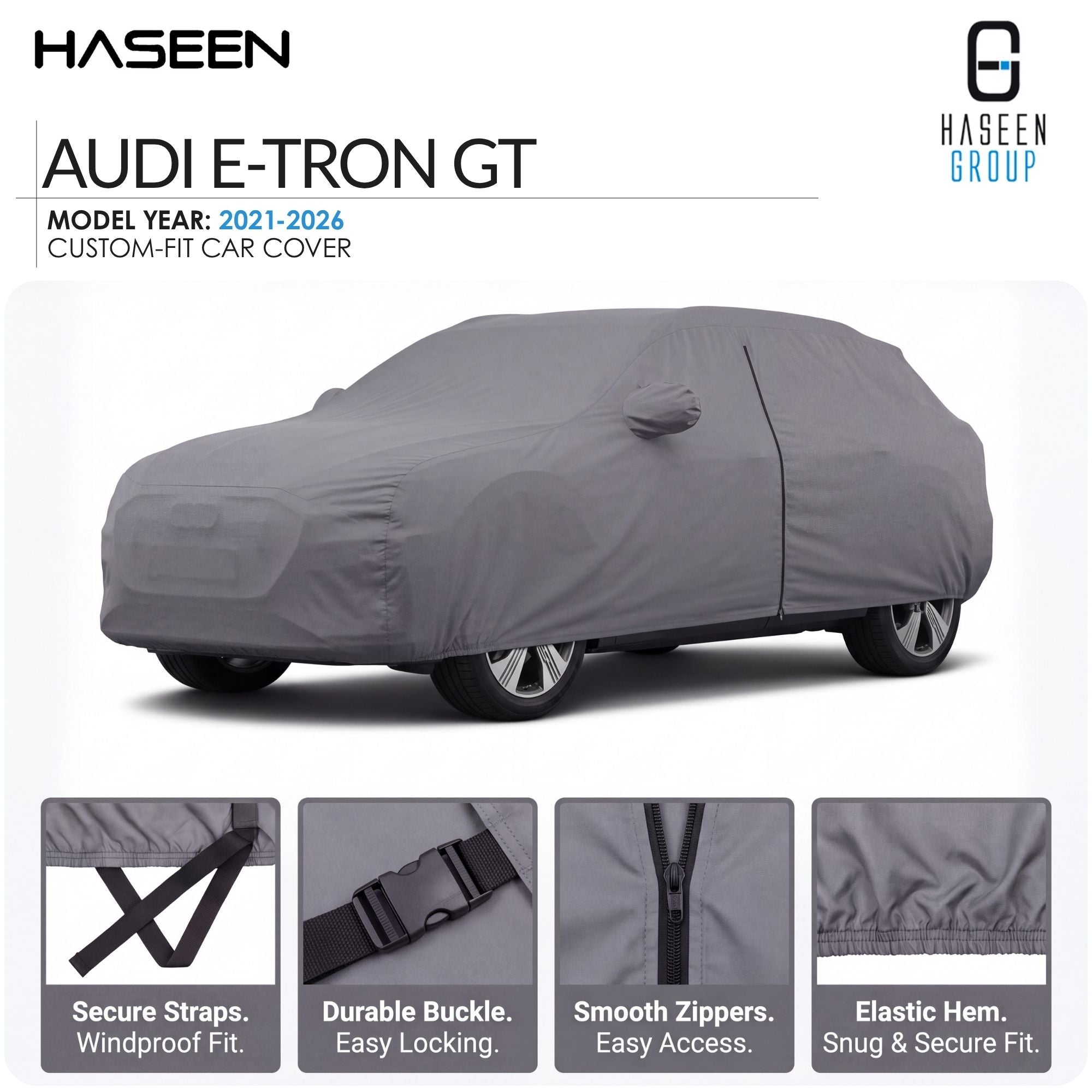 A gray custom-fit car cover shown on an Audi E-TRON GT, with HASEEN branding and feature callouts along the bottom.