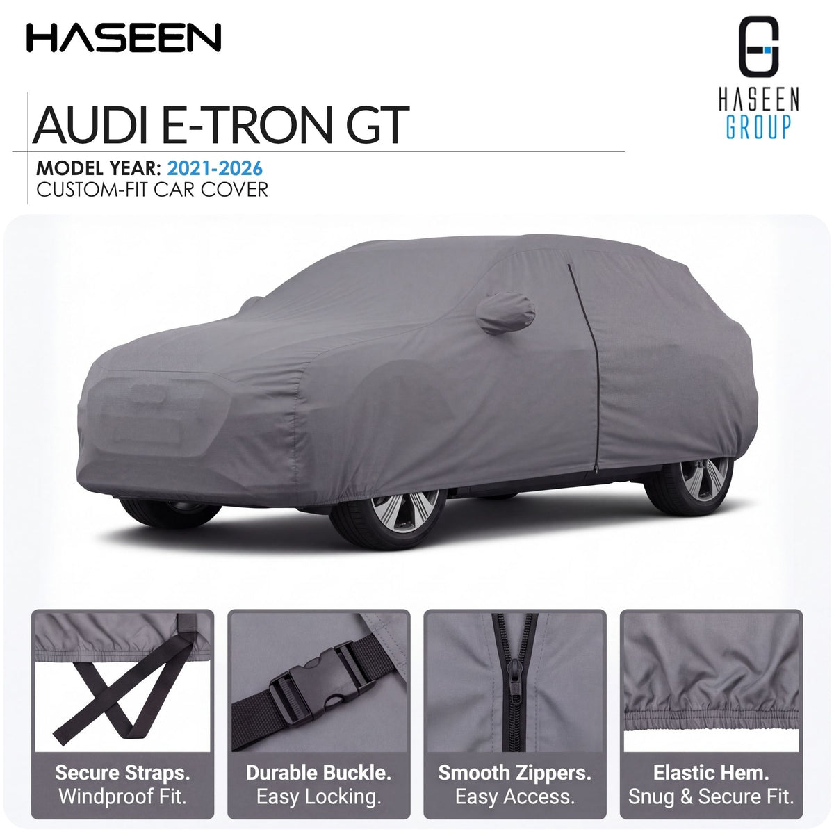 A gray custom-fit car cover shown on an Audi E-TRON GT, with HASEEN branding and feature callouts along the bottom.