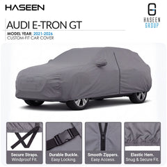 A gray custom-fit car cover shown on an Audi E-TRON GT, with HASEEN branding and feature callouts along the bottom.