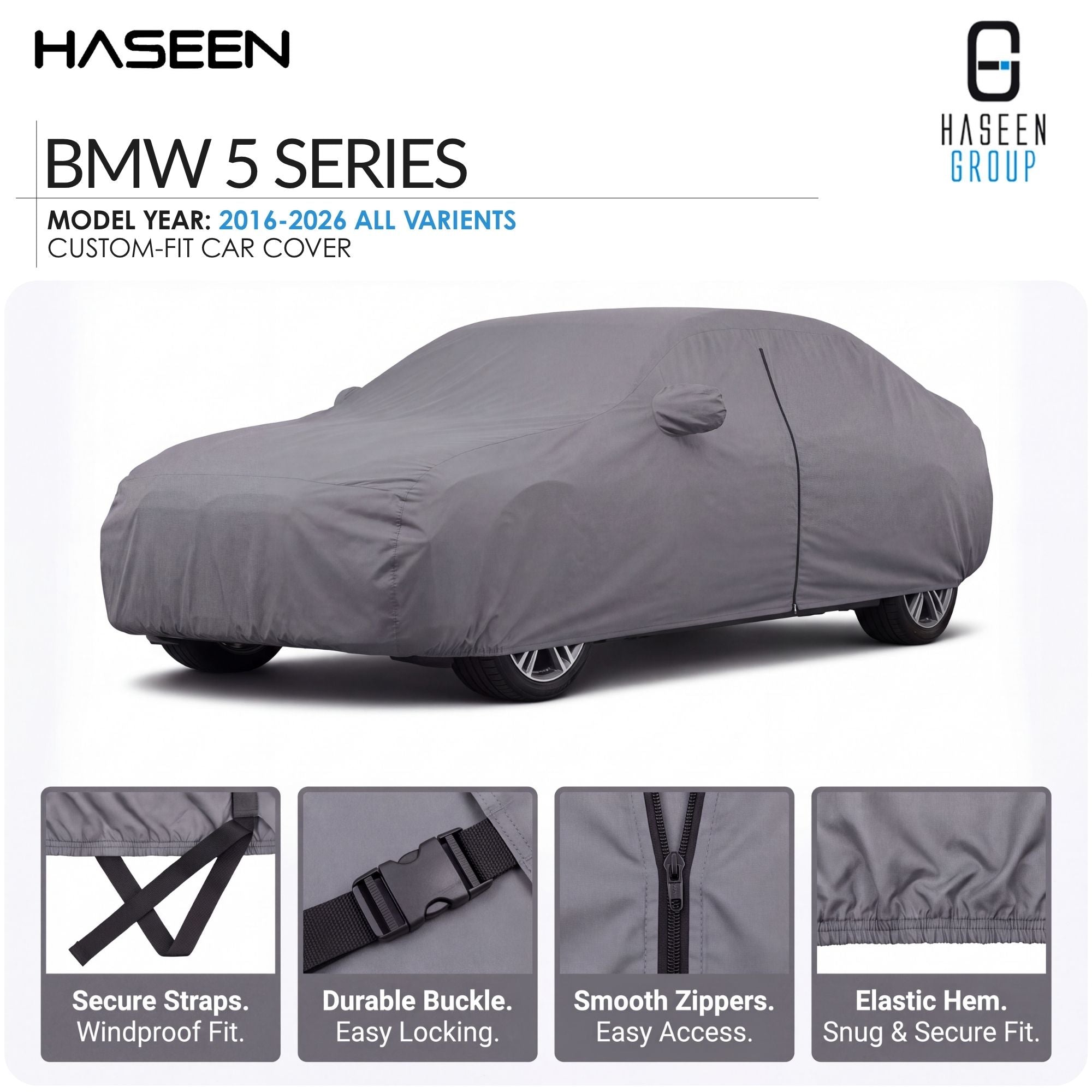 A gray custom-fit car cover shown on a white background, with the text 'BMW 7 Series' and 'Model Year: 2016-2026 All Variants' above it. Four feature callout panels at the bottom describe secure straps, durable buckle, smooth zippers, and elastic hem.
