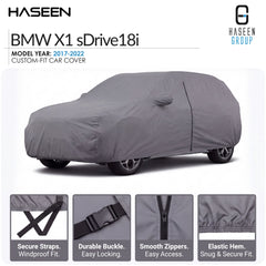 A gray custom-fit car cover shown on a BMW X1 sDrive18i, with HASEEN branding and feature callout panels at the bottom describing secure straps, durable buckle, smooth zippers, and elastic hem.