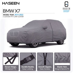 A gray custom-fit BMW X7 car cover shown on a white background, with the HASEEN and HASEEN GROUP branding at the top and four feature callout panels along the bottom describing secure straps, durable buckle, smooth zippers, and elastic hem.