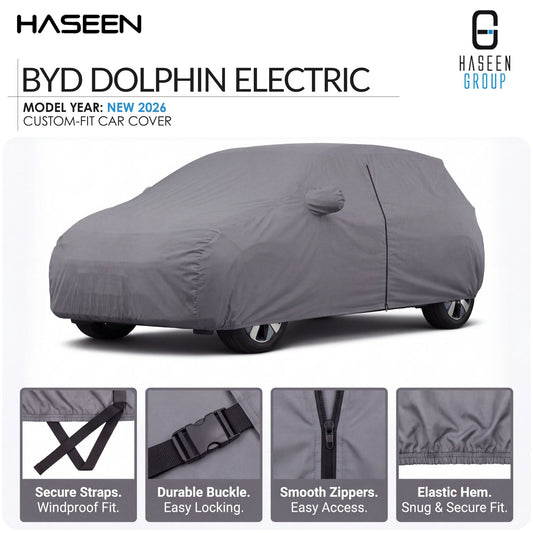 A gray car cover fitted over a car, shown on a white background with HASEEN branding and feature callouts. The image includes text reading 'BYD DOLPHIN ELECTRIC' and 'MODEL YEAR: NEW 2026 CUSTOM-FIT CAR COVER,' plus four small inset detail images at the bottom showing straps, buckle, zippers, and hem.