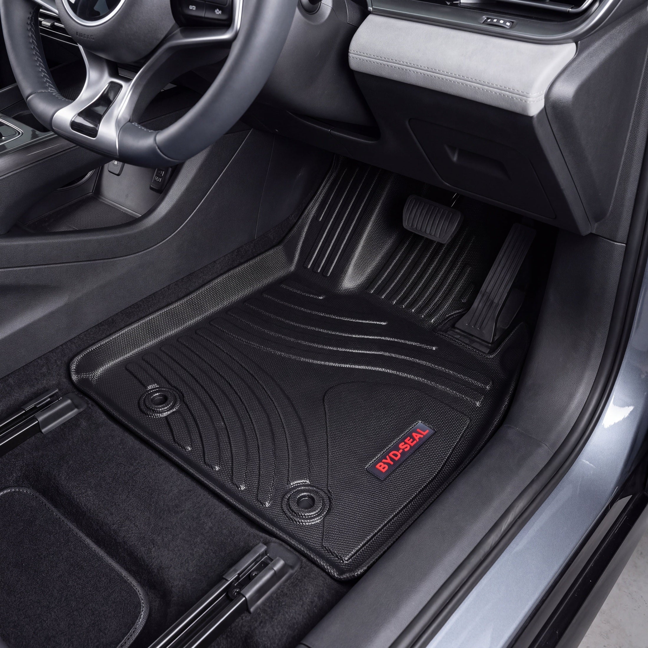 Haseen BYD Seal 9D TPE car floor mats installed – black ribbed waterproof EV mats, Pakistan