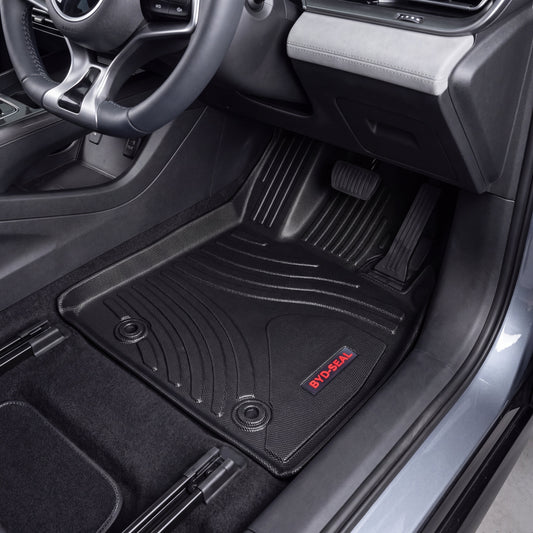 Haseen BYD Seal 9D TPE car floor mats installed – black ribbed waterproof EV mats, Pakistan