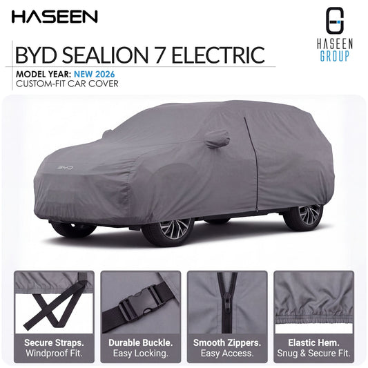 A gray BYD Sealion 7 Electric custom-fit car cover shown on a white background, with HASEEN branding and four feature callout panels at the bottom highlighting secure straps, durable buckle, smooth zippers, and elastic hem.