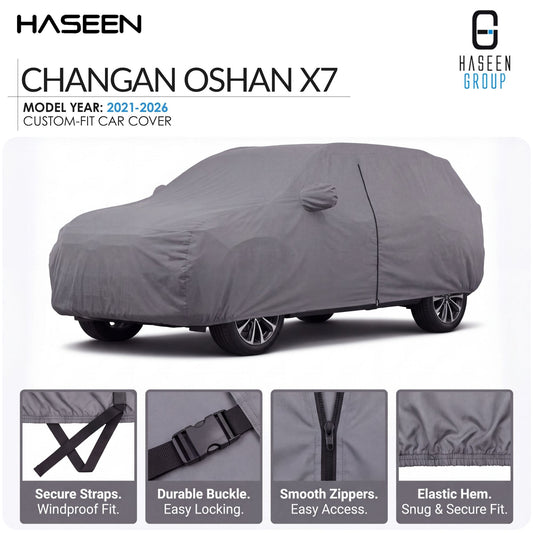A gray custom-fit car cover shown on a car, with HASEEN branding and text reading 'CHANGAN OSHAN X7' and 'Model Year: 2021-2026'. Four small detail panels at the bottom show secure straps, a durable buckle, smooth zippers, and an elastic hem.