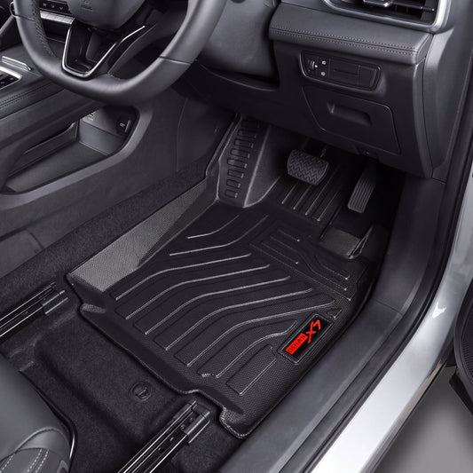 Haseen Changan Oshan X7 9D TPE car floor mats installed – black ribbed mats with red logo, Pakistan