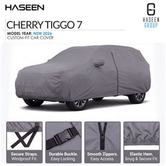 A grey custom-fit car cover shown on a car in a studio-style listing graphic for Haseen Cherry Tiggo 7, with feature callout panels along the bottom highlighting secure straps, durable buckle, smooth zippers, and elastic hem.