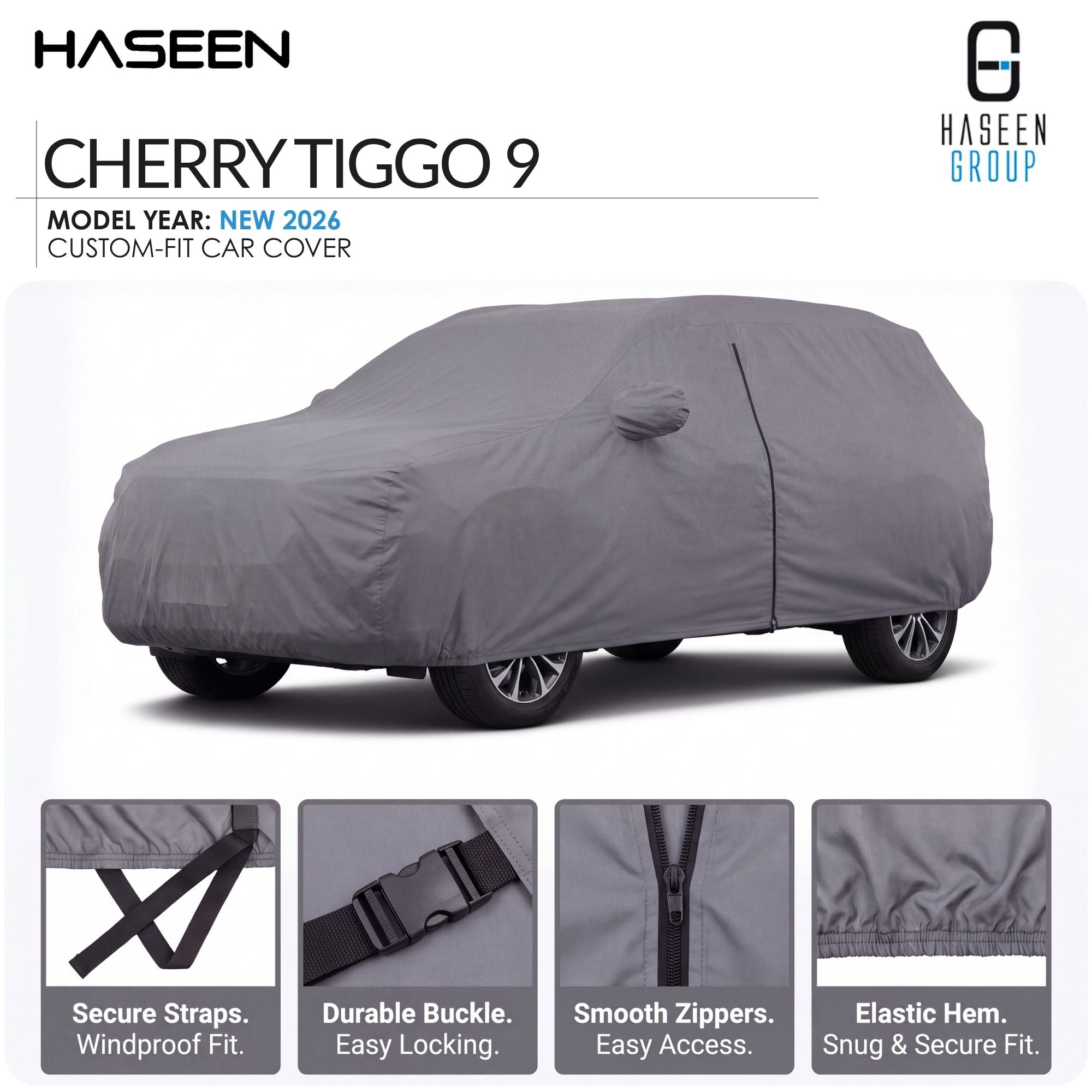 A gray custom-fit car cover shown on a car in a studio-style listing graphic for Haseen Cherry Tiggo 7, with feature callout panels along the bottom highlighting secure straps, durable buckle, smooth zippers, and elastic hem.