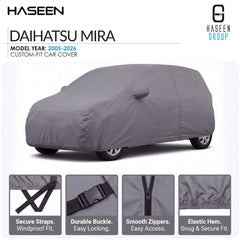 A gray custom-fit car cover shown on a white background, with HASEEN branding and text for a Daihatsu Mira model year 2005-2026. Four inset detail panels at the bottom show secure straps, a durable buckle, smooth zippers, and an elastic hem.