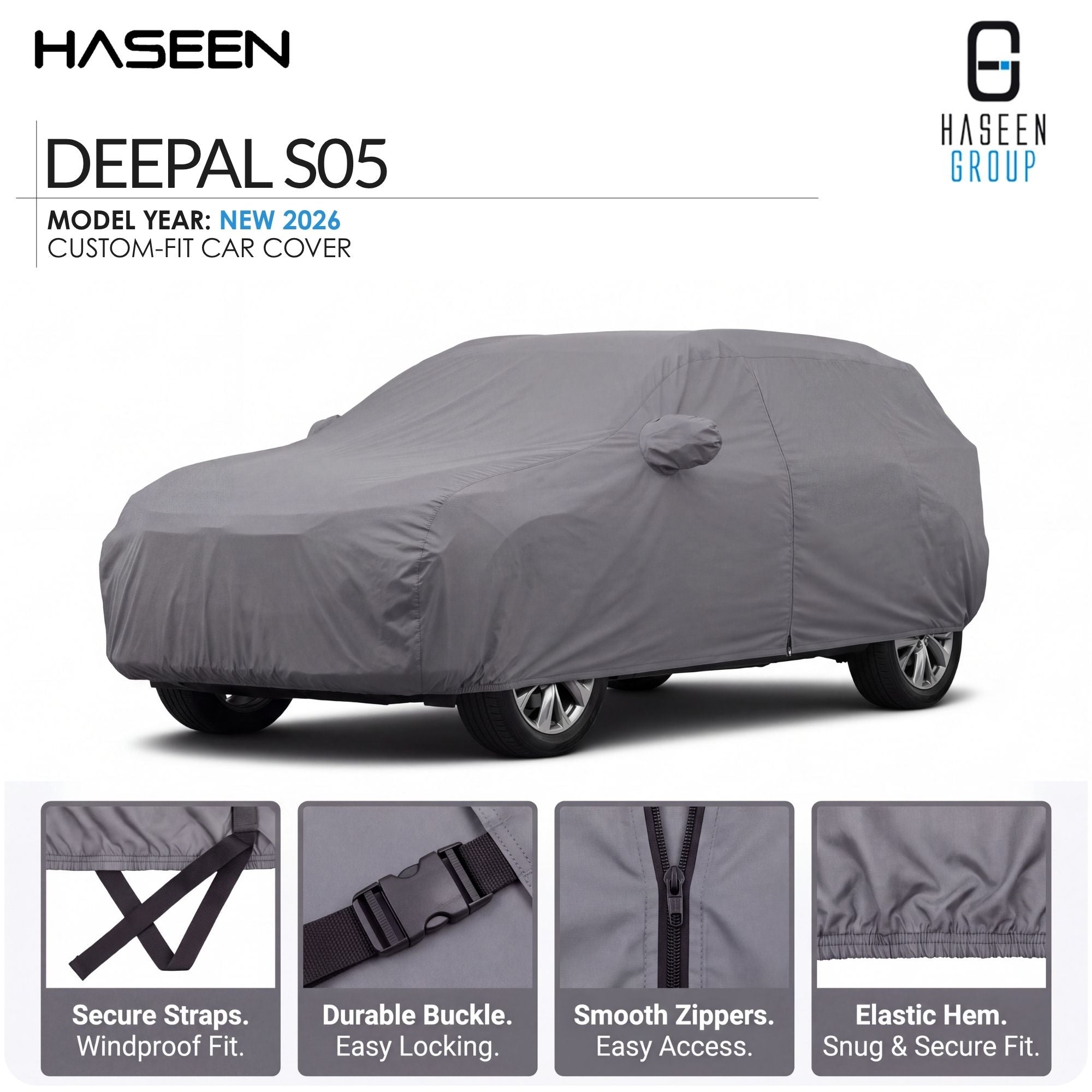 A gray car cover fitted over a car, shown on a white background with HASEEN branding and feature callouts. The top text reads 'DEEPAL S05' and 'MODEL YEAR: NEW 2026 CUSTOM-FIT CAR COVER.