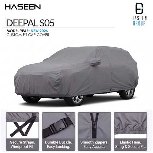 A gray car cover fitted over a car, shown on a white background with HASEEN branding and feature callouts. The top text reads 'DEEPAL S05' and 'MODEL YEAR: NEW 2026 CUSTOM-FIT CAR COVER.
