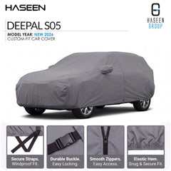 A gray car cover fitted over a car, shown on a white background with HASEEN branding and feature callouts. The top text reads 'DEEPAL S05' and 'MODEL YEAR: NEW 2026 CUSTOM-FIT CAR COVER.