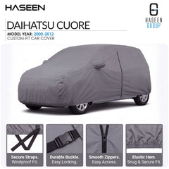 A gray custom-fit car cover shown on a white background, with HASEEN branding and text identifying it as a Daihatsu Cuore model year 2000-2012 cover. Four feature callout panels at the bottom highlight secure straps, durable buckle, smooth zippers, and elastic hem.