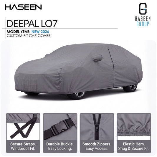 A gray car cover fitted over a car, shown on a white background with HASEEN branding and feature callouts for the DEEPAL LO7 model year 2026 custom-fit car cover.