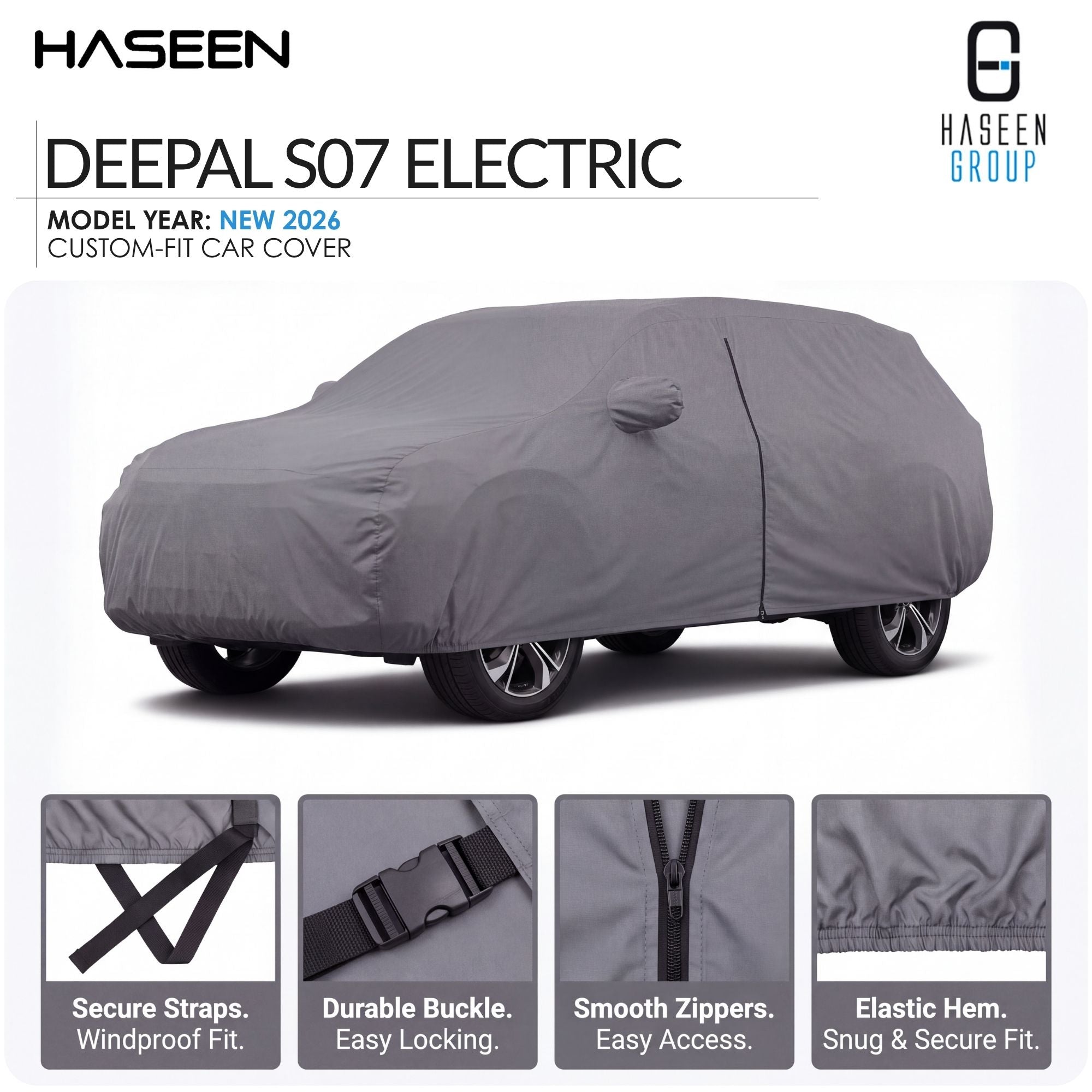 A gray car cover fitted over a car, shown on a white background with HASEEN branding and feature callouts for the Deepal S07 Electric model year 2026 custom-fit car cover.