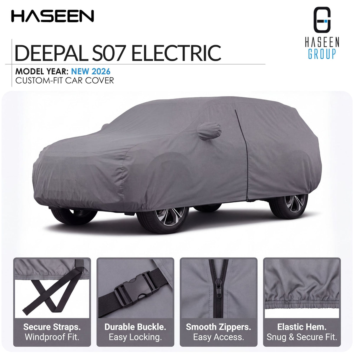 A gray car cover fitted over a car, shown on a white background with HASEEN branding and feature callouts for the Deepal S07 Electric model year 2026 custom-fit car cover.