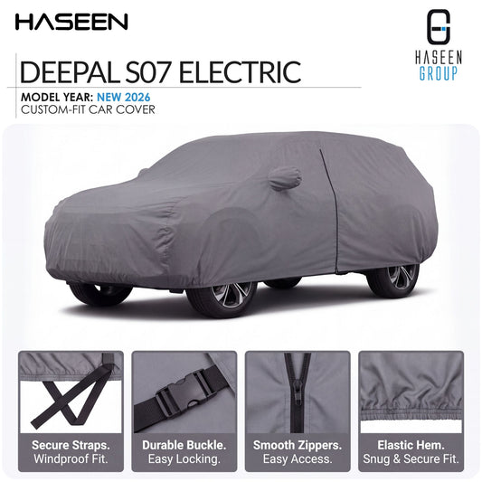A gray car cover fitted over a car, shown on a white background with HASEEN branding and feature callouts for the Deepal S07 Electric model year 2026 custom-fit car cover.