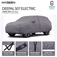 A gray car cover fitted over a car, shown on a white background with HASEEN branding and feature callouts for the Deepal S07 Electric model year 2026 custom-fit car cover.