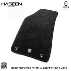 Haseen MG HS PHEV front carpet floor mat angled view showing anti-slip spikes backing and stitched edging