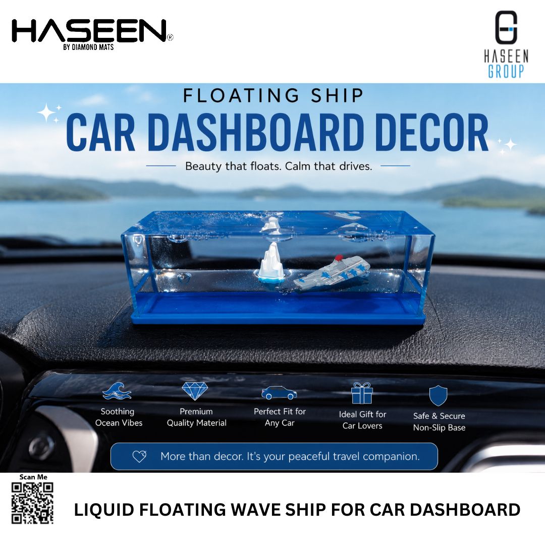 Haseen floating ship dashboard decoration piece with blue liquid on car dashboard