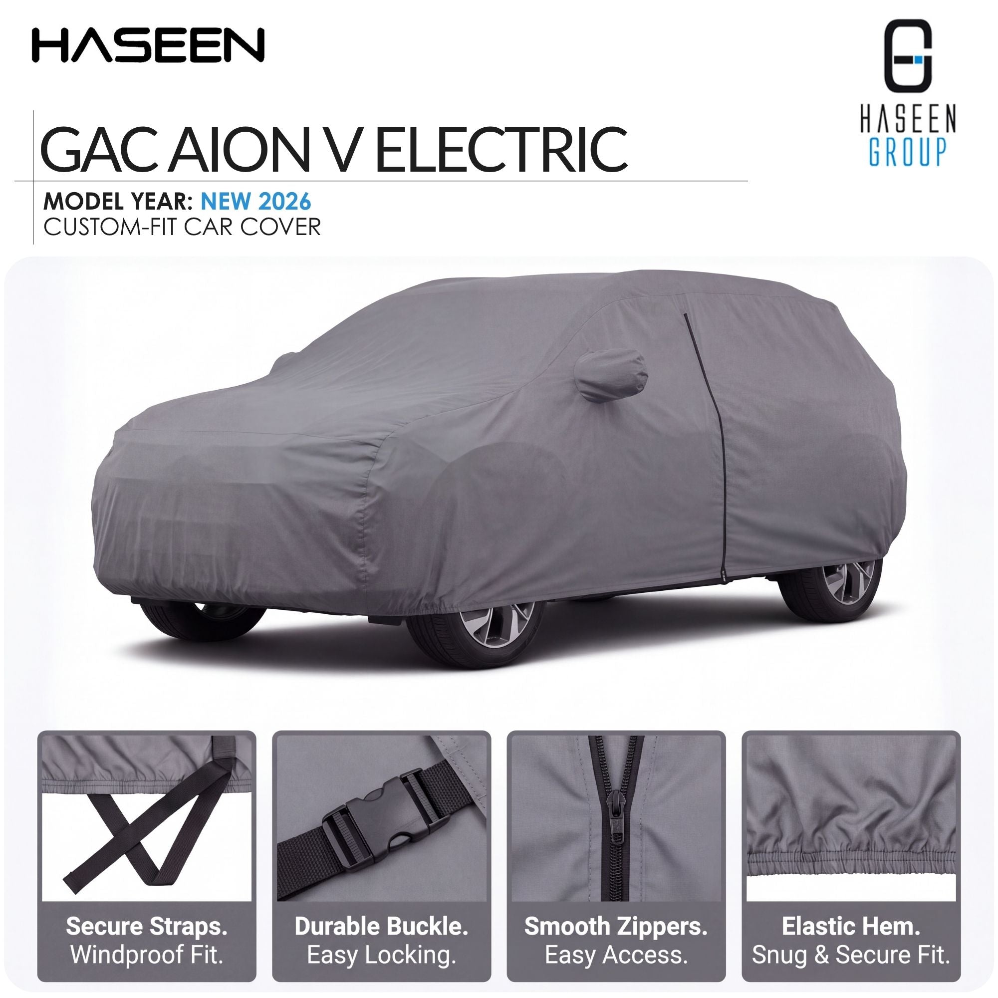 A gray custom-fit car cover shown on a car silhouette, with HASEEN branding and text for a Kia Grand Karnival model year 2021-2026 cover. Four feature callout panels at the bottom highlight secure straps, durable buckle, smooth zippers, and elastic hem.