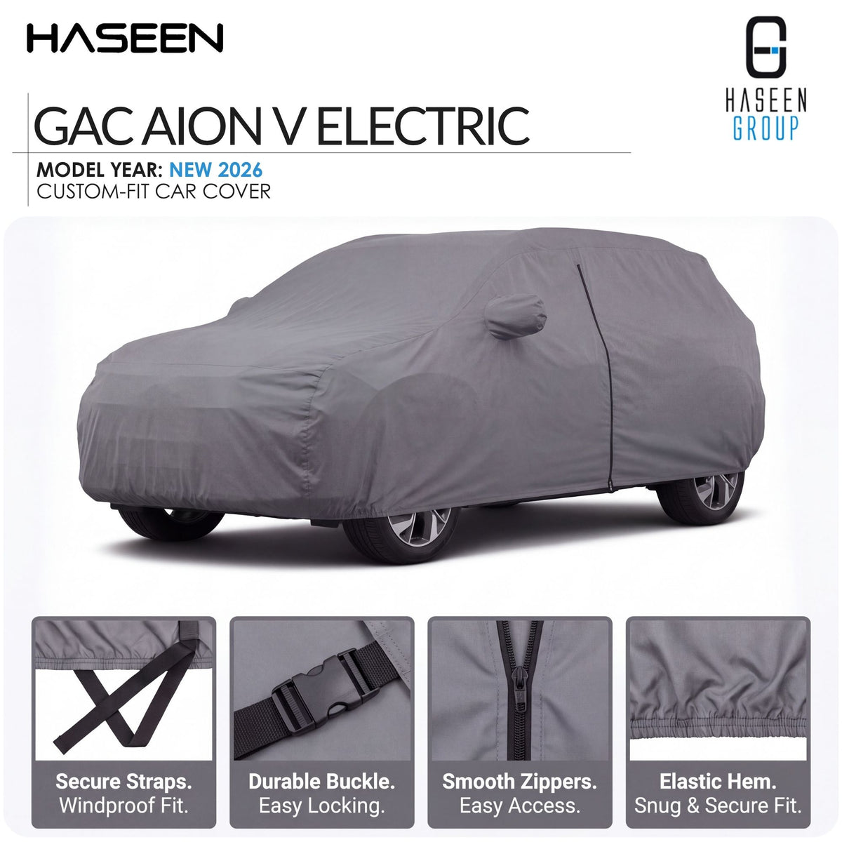 A gray custom-fit car cover shown on a car silhouette, with HASEEN branding and text for a Kia Grand Karnival model year 2021-2026 cover. Four feature callout panels at the bottom highlight secure straps, durable buckle, smooth zippers, and elastic hem.