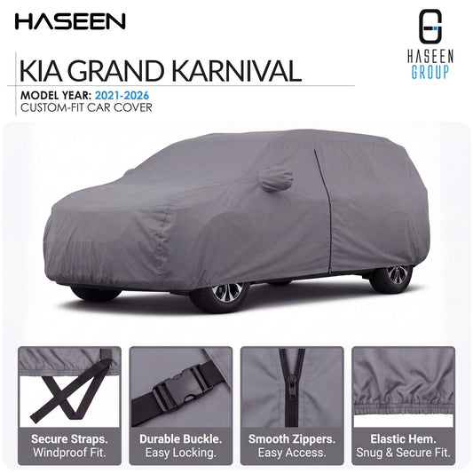 A gray custom-fit car cover shown on a car silhouette, with HASEEN branding and text for a Kia Grand Karnival model year 2021-2026 cover. Four feature callout panels at the bottom highlight secure straps, durable buckle, smooth zippers, and elastic hem.