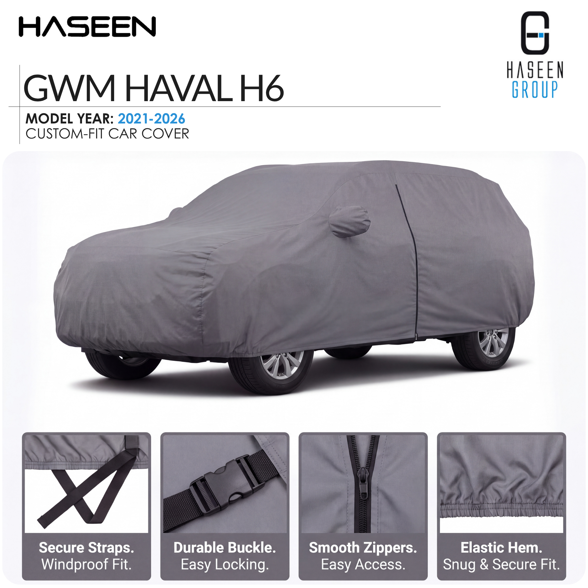 A gray custom-fit car cover shown on a white background, with the HASEEN branding and model text at the top. The cover fits a sedan shape, and four inset detail panels at the bottom highlight secure straps, durable buckle, smooth zippers, and elastic hem.