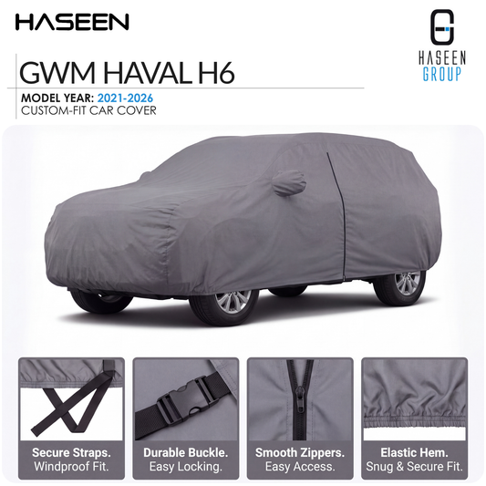 A gray custom-fit car cover shown on a white background, with the HASEEN branding and model text at the top. The cover fits a sedan shape, and four inset detail panels at the bottom highlight secure straps, durable buckle, smooth zippers, and elastic hem.