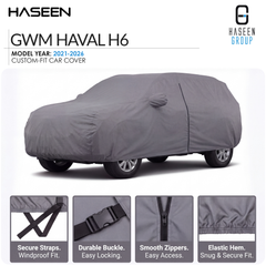 A gray custom-fit car cover shown on a white background, with the HASEEN branding and model text at the top. The cover fits a sedan shape, and four inset detail panels at the bottom highlight secure straps, durable buckle, smooth zippers, and elastic hem.